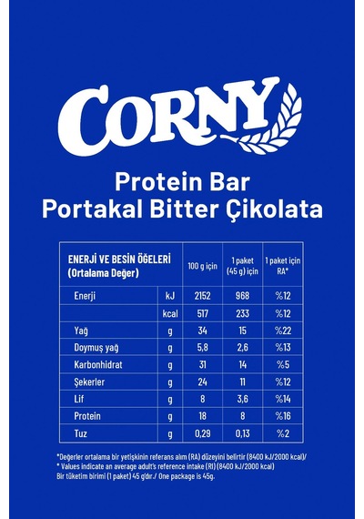 Corny Protein Bar Bitter Çikolata Portakallı 45gr X 12 Adet