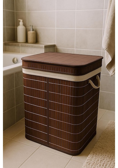 Lüks Bambu 3 Bölmeli Çamaşır Kirli Sepeti 52x32x60cm Büyük Boy 100 Lt Kahverengi