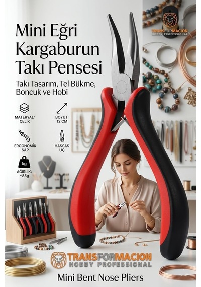 Mini Eğri Kargaburun Takı Pensesi 12 Cm - Takı Tasarım, Tel Bükme, Boncuk Ve Hobi Pensesi - Yaylı Eğri Ağızlı Genel
