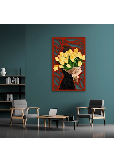 Sarı Lale Buketi Taşıyan Kadın - Metal Tablo - Dec0340 77 X 125 Cm Çok Renkli