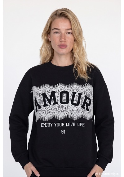 Quzu Dantel Detaylı Sweatshirt Siyah