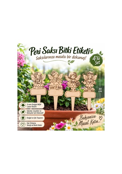 Arliadesign 4 Lü Peri Figürlü Ahşap Saksı Bitki Etiketi 13x30 Cm 3 Mm Mdf Bahçe Ve Çiçek Süsü