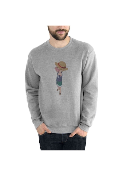 Anime One Piece Luffy Straw Baskılı Gri Erkek Örme Sweatshirt