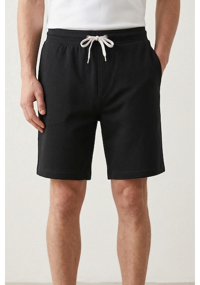 Elemge Pamuklu Erkek Siyah Casual Şort Yan Cepli Bağcıklı Regular Fit Boru Paça Günlük Bermuda 2 Iplik