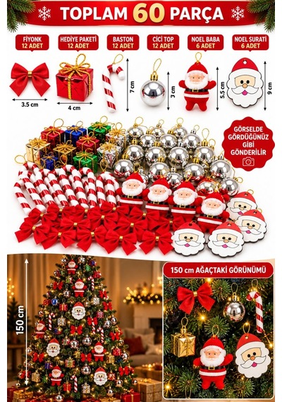 60 Lı Karışık Yılbaşı Ağacı Süs Seti Top, Fiyonk, Noel Baba, Baston Ve Hediye Kutusu Diğer