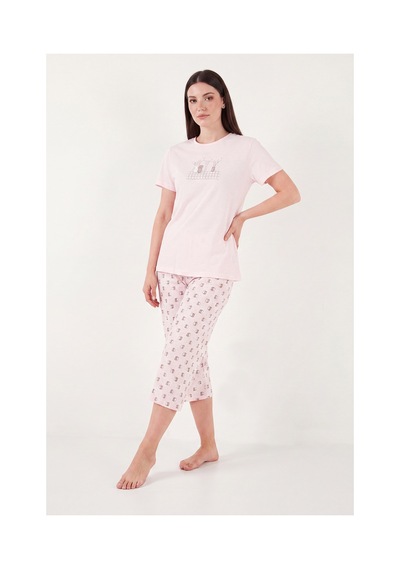 Lela Desenli Pamuklu Bisiklet Yaka Kaprili Pijama Takımı Bayan Pijama Takımı 65790787 Pudra