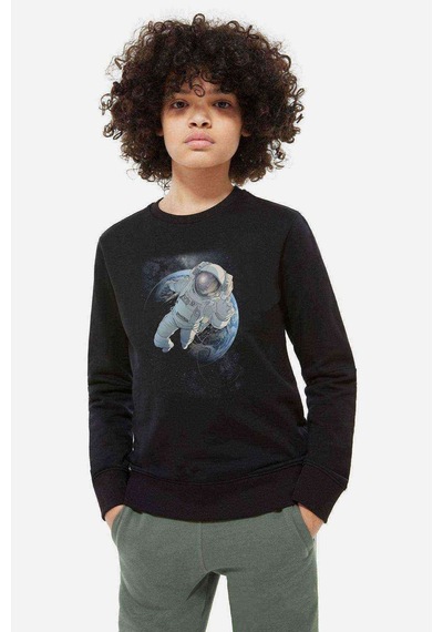 Tshirthane Astronot Dünyadan Uzaya Yolculuk Baskılı Unisex Çocuk Siyah Sweat Siyah