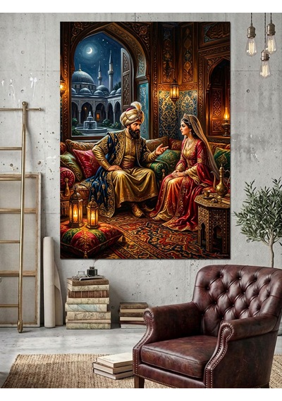 Sarayda Sultan Ve Kadın Sohbetli Dekoratif Kanvas - Mdf Ahşap Tablo Çok Renkli