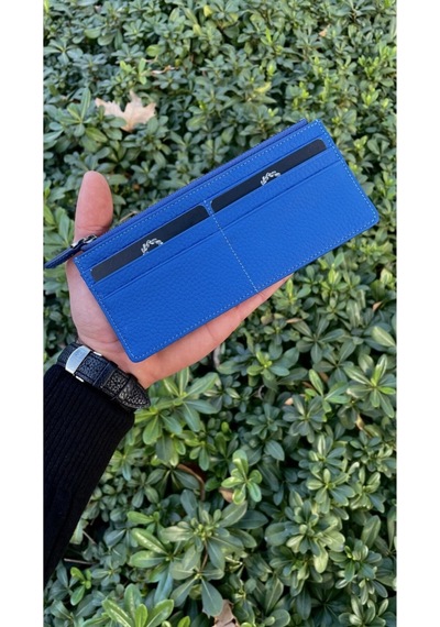 Saks Mavi Peony Hakiki Deri Telefon Cüzdanı Mavi