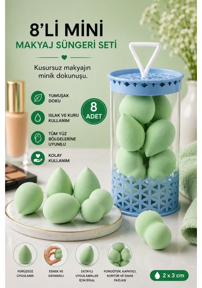 Mini Boy 8'li Yeşil Makyaj Süngeri Seti- 2 Cm X 3 Cm Makyaj Uygulama Süngeri