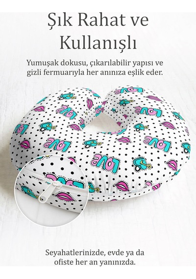 Love Yazılı Noktalı Ergonomik Boyun Yastığı - Renkli Dudak Desenli Beyaz Seyahat Yastığı Tozlu Deniz Çakıl