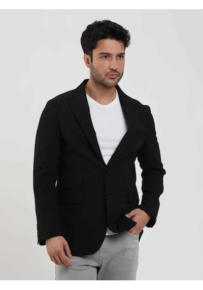Dufy Siyah Erkek Slim Fit Çizgili Sivri Yaka Ceket - 104443-siyah Siyah