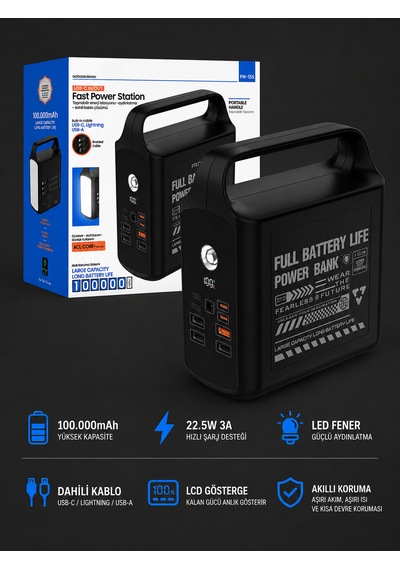 100000mah Powerbank 22.5w Hızlı Şarj Dahili Kablolu Lcd Ekranlı Led Fenerli 3a Taşınabilir Güç İstasyonu siyah
