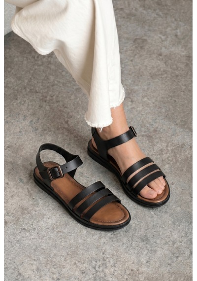 Giamgia Store Giamgia Siyah Kadın Düz Taban Bilekten Ayarlamalı Klasik Sandalet-2409