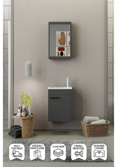 Biani Fix Loft Mini 42 Cm Banyo Dolabı,Seramik Lavabolu, Aynalı,Lavabo Dahil,Mdf,Mat Gri Biani Fix Loft Mini 42 Cm Banyo Dolabı,Seramik Lavabolu, Aynalı,Lavabo Dahil,Mdf,Mat Gri