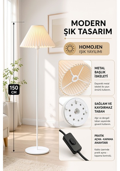 Beyaz Metal Ayaklı Lambader Kumaş Krem Umbrella Başlık 150 Cm Şık Modern Lam09