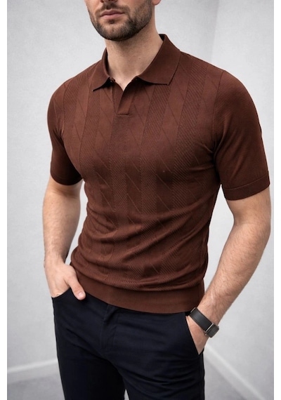 Erkek Yazlık Triko Dokuma Tişört Kısa Kol Polo Yaka T-shirt - Kahverengi