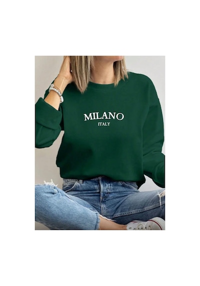 Herkesemoda Milano Baskı Detaylı Bisiklet Yaka İçi Polarlı Sweatshirt Yeşil