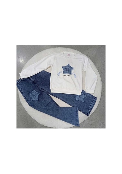 Bubiee Baby Kız Çocuk Denim Takım Yıldız Detaylı Sweatshirt Ve Kot Pantolon Mavi