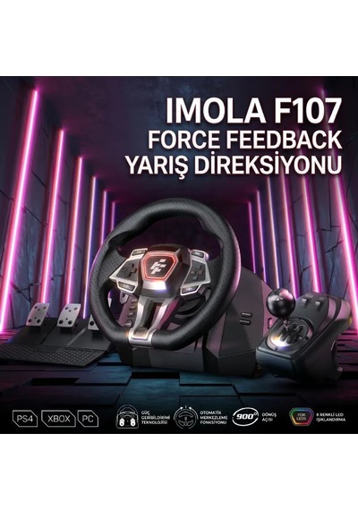 Flashfire Imola F107 Force Feedback Yarış Direksiyon Seti 900 /270 , Hall Sensörlü 3 Pedallı, 6+1 H-vites, Pc / Ps4 / Xbox Series X S / Xbox One Uyumlu