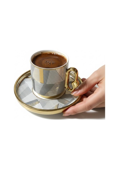 6 Kişilik Altın Yaldızlı Çizgisel Türk Kahvesi Fincanı - 90 Ml Diğer
