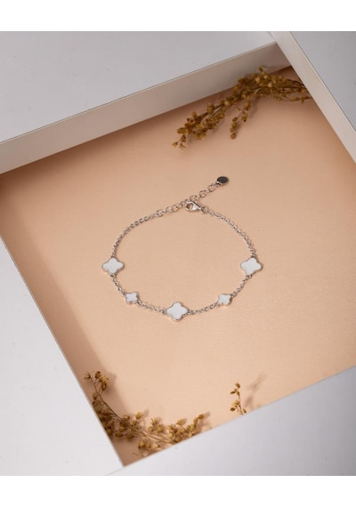 925 Ayar Rodyum Beyaz Mineli Yonca Charm Gümüş Bileklik Rb10067