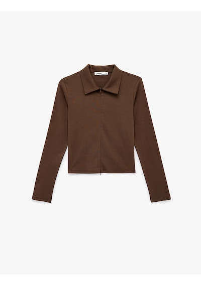 Koton Pamuklu Slim Fit Uzun Kollu Polo Yaka Fermuarlı Hırka Kahverengi 6sak30057ek Kahve