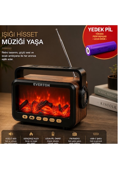 Everton Rt-734 Retro Tasarımlı Şömine Efektli Solar El Fenerli Bluetooth Hoparlör & Fm Radyo Yedek Pili