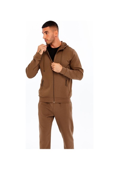 AR-MA Arma Erkek Slim Fit Interlok Kapüşonlu Sweatshirt Yandan Gizli Fermuarlı Cepli K30324989702 Kahverengi - Krem