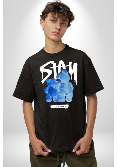 Birlikte Kal Pamuklu Bisiklet Yaka Unisex Oversize Boyfriend Dijital Baskılı Siyah T-shirt Siyah