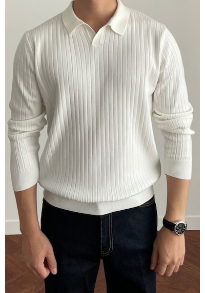 Cool Tarz Erkek Polo Yaka Triko Kazak Slim Fit Fitilli Beyaz