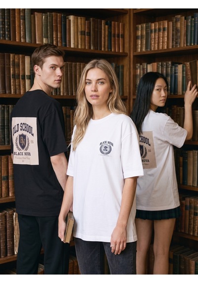 Black Nova Oversize Baskılı Unisex Tişört Back To The School Beyaz