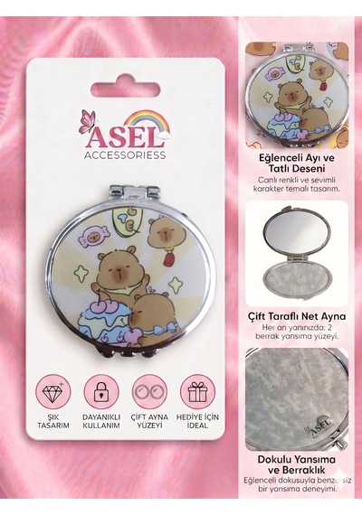 Sevimli Karakter Ve Unicorn Tasarımlı Çift Taraflı Katlanabilir Metal Cep Aynası - 9 Farklı Model Karışık - Çok Renkli