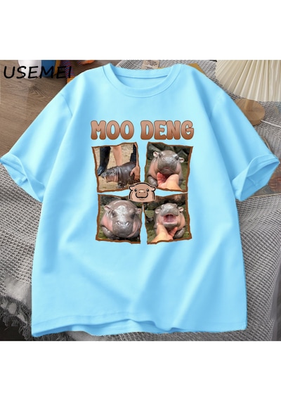 Flood Of Style Moo Deng Rap T Shirt Seviyorum Moo Deng Komik Bebek Hippo Sevgilisi T-shirt Rahat Pamuk Erkek Mavi
