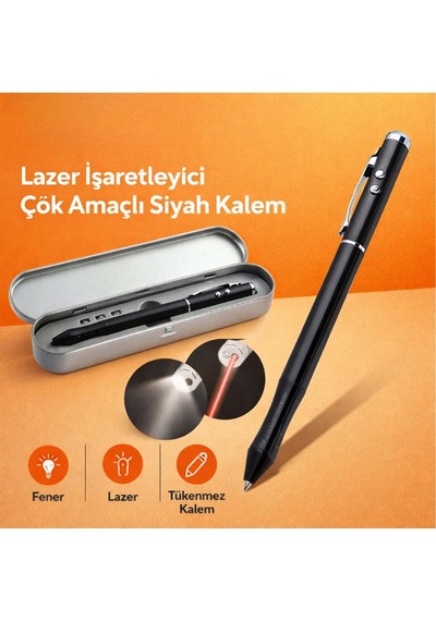 Metal Kutulu Kırmızı Lazerli, Beyaz Led Işıklı Pointer İşaretçi Kalemi Metal Tükenmez Kalem Siyah