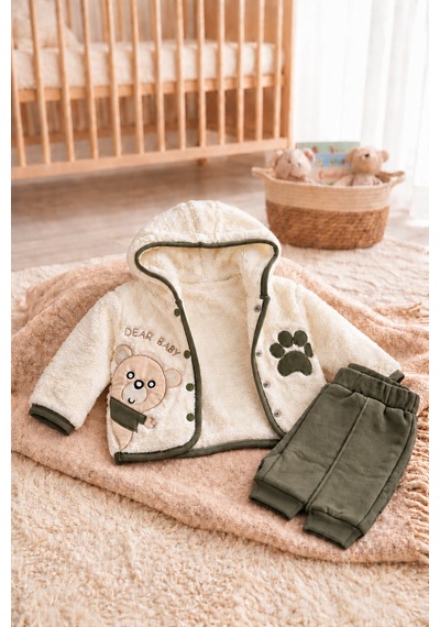 Ahengim Ayıcık Detaylı Kapüşonlu Peluş Hırkalı Bebek Alt Üst Takım 2 Parça Ak324905 Haki