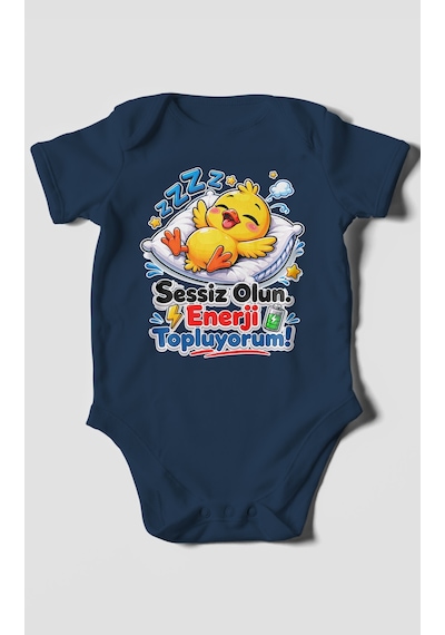 Morivokids Sessiz Olun, Enerji Topluyorum Kısa Kollu Bebek Body %100 Pamuk Lacivert