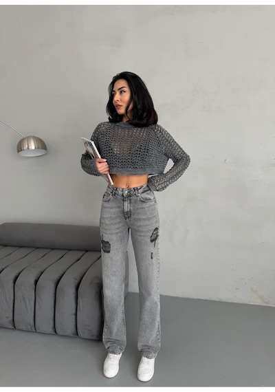Kadın Straight Jean Yırtık Detaylı Ara Bel Boru Paça Kot Pantolon Gri Gri