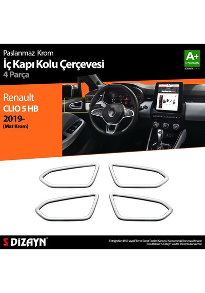 S-dizayn Renault Clio 5 Krom İç Kapı Kolu Çerçevesi 4 Prç. 2019 Üzeri Mat Krom