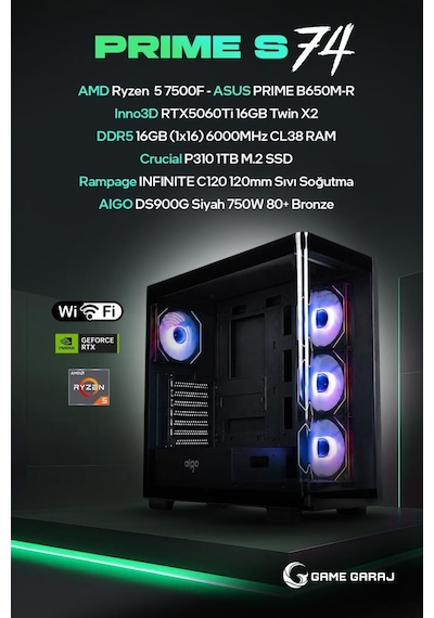 Game Garaj Prime S74 R5-7500F 16 GB 1 TB SSD 16 GB RTX5060Ti Dos Masaüstü Oyuncu Oem Paket Bilgisayarı