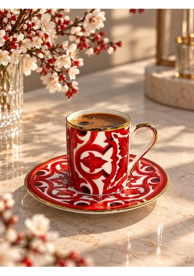 2 Kişilik Porselen Latte Red Kahve Fincanı Takımı 100 Ml-8015 Kırmızı