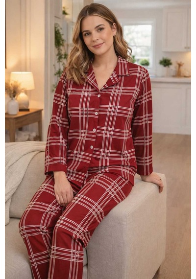 Tenra Kadın Pijama Takımı Licralı Boydan Düğme Bordo