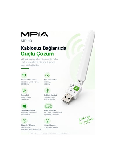 300 Mbps Wireless Usb Adaptör Windows, Mac, Dvr & Uydu Alıcısı Uyumlu Kablosuz Wi-fi Alıcı