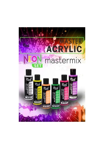 Rich Mastermix Akrilik Boya 6 Renk 60 Ml 1 Paket Neon Renkler Akrilik Boya 6 Lı Profesyonel Tuval Canvas Çok Renkli