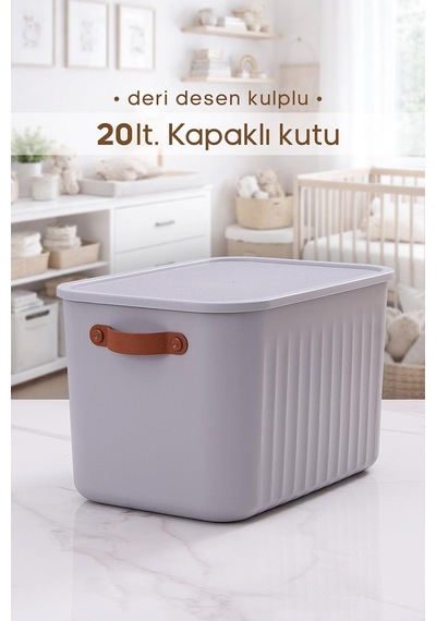 Kulplu Gri Dolap Düzenleyici 20 Lt Kapaklı Saklama Kutusu Sepet Oyuncak Kutusu Organizer