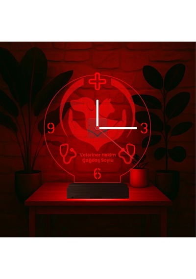 Luvivia Veteriner Hekim Kişiye Özel Saatli 3d Lamba - Masa Gece Lambası Şeffaf