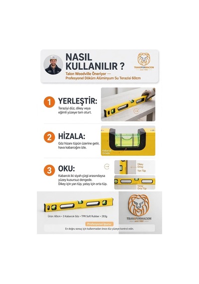 Tr Profesyonel Döküm Alüminyum Su Terazisi 60 Cm - 3 Gözlü Hassas Dengeleme Cetveli Mıknatıslı Duvar İnşaat Fa