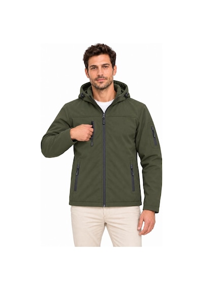 Barlashive Erkek Su Geçirmez Softshell İçi Polar Astarlı Çıkarılabilir Kapüşonlu 4 Cepli Mont Ceket - Haki Çok Renkli
