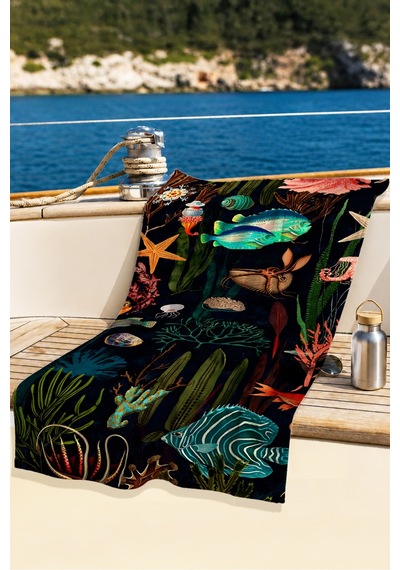 Deniz Altı Mercan Balık Temalı Plaj Havlusu - Tropikal Marine Koyu Lacivert Mikrofiber Havlu Çiy Kabuğu