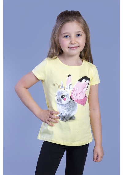 Toontoy Kids Toontoy Kız Çocuk Tavşan Baskılı Pul İşlemeli Tişört Sarı